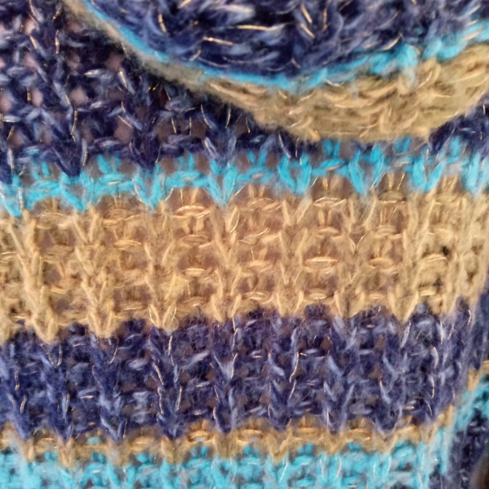 Gorgeous Cowl Neck Open Knit Chunky Sweater Turquoise Blue & Green W Gold Flecks - Picture 9 of 12
